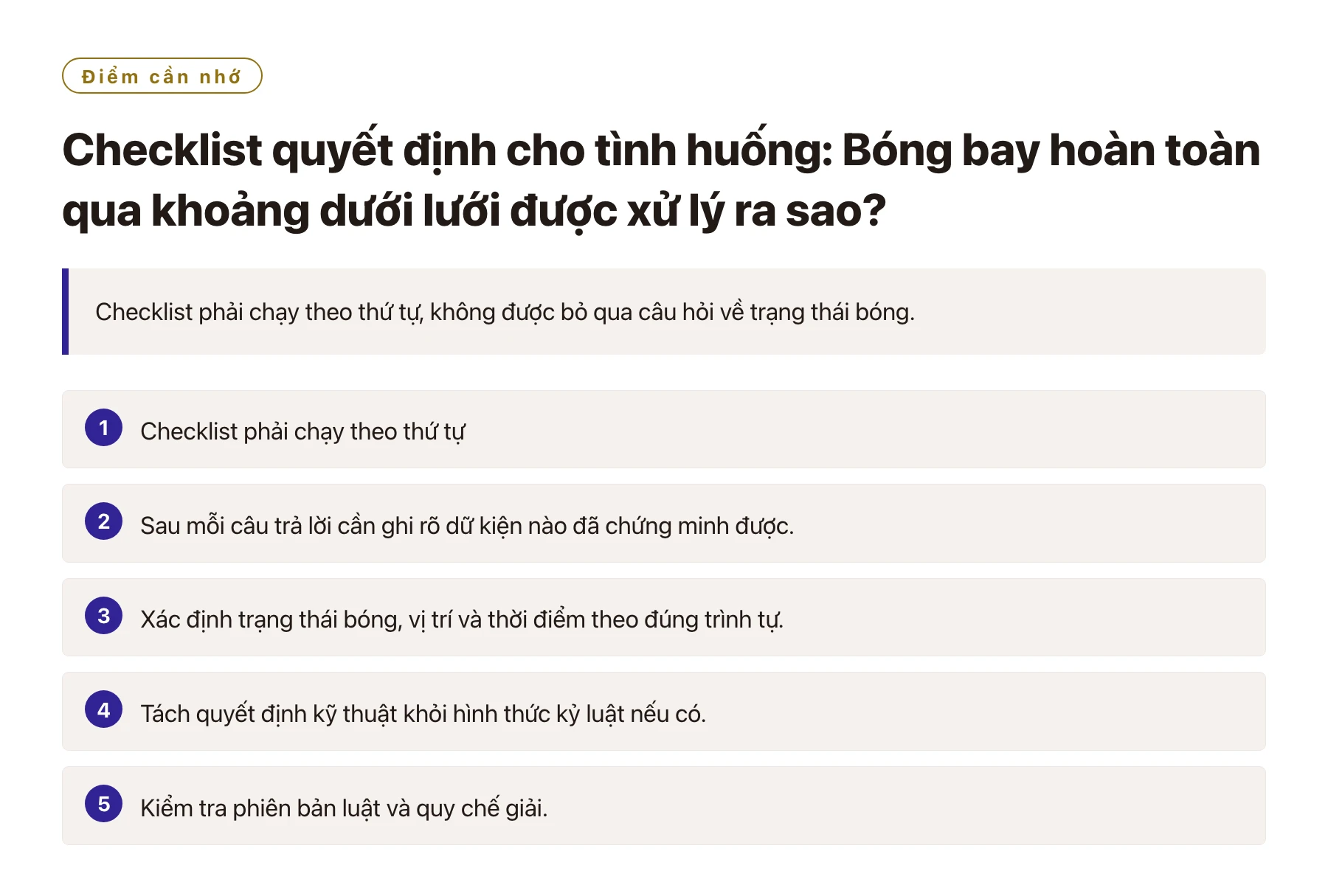 Checklist quyết định cho tình huống: Bóng bay hoàn toàn qua khoảng dưới lưới được xử lý ra sao?——全文要点速览